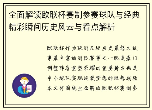 全面解读欧联杯赛制参赛球队与经典精彩瞬间历史风云与看点解析