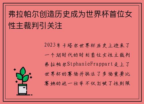 弗拉帕尔创造历史成为世界杯首位女性主裁判引关注 弗拉帕尔创造历史成为世界杯首位女性主裁判引关注