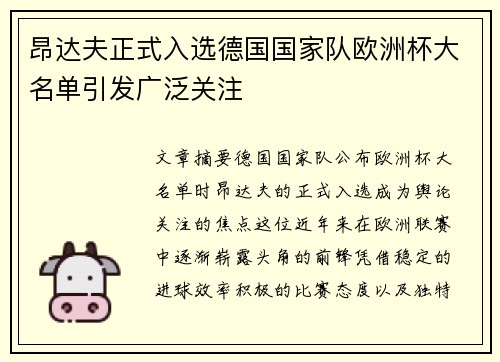昂达夫正式入选德国国家队欧洲杯大名单引发广泛关注